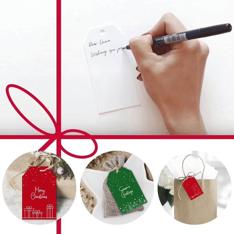 Paper Play Christmas Gift Tags with String - 80 Red & Green Holiday Tags, 8 Minimal Line-Art Designs - 350gsm Christmas Name Tags for Gifts & Presents - Image 2